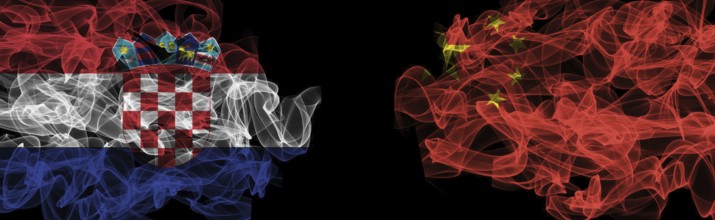 Flags of Croatia and China on Black background, Croatia vs China Smoke Flags