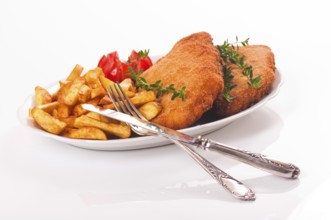 Pork schnitzel with chips on a porcelain plate