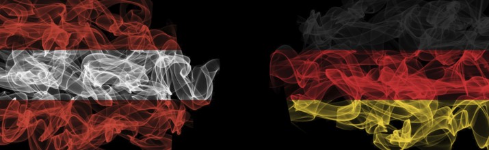 Flags of Austria and Germany on Black background, Austria vs Germany Smoke Flags