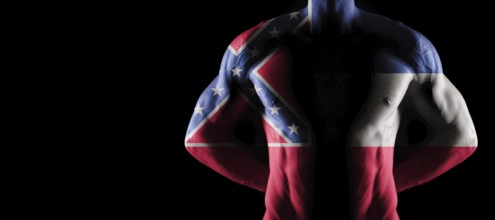 Mississippi flag on muscled male torso with abs, Mississippi bodybuilding concept, black background