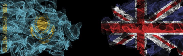 Flags of Kazakhstan and United Kingdom on Black background, Kazakhstan vs United Kingdom Smoke