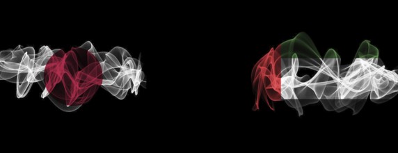 Flags of Japan and UAE on Black background, Japan vs United Arab Emirates Smoke Flags