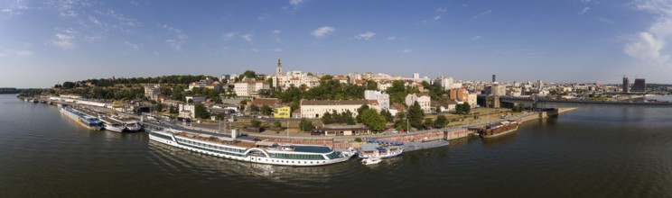 Aerial panorama Belgrade cityscape from Sava river in Serbia at summer evening