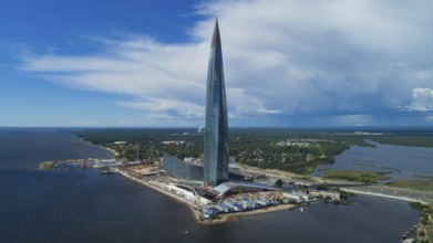 Aerial view of skyscraper Lakhta Center in St. Petersburg, Russia, Europe