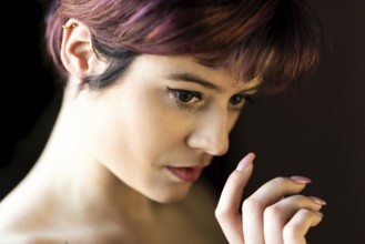 Fashion portrait of a 23 year old white woman with short, dyed hair, Brussels, Belgium, Europe