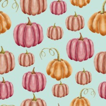 Orange and pink hand drawn watercolor pumpkins on turquoise, seamless repeating surface pattern