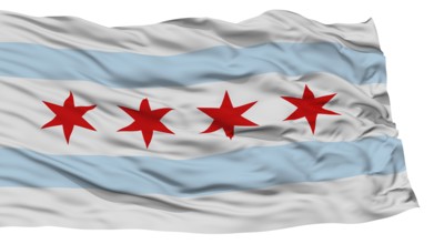 Isolated Chicago City Flag, City of Illinois State, Waving on White Background, High Resolution
