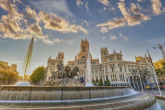 Madrid Spain, sunrise city skyline at Cibeles Fountain Town Square