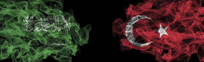 Flags of Saudi Arabia and Turkey on Black background, Saudi Arabia vs Turkey Smoke Flags