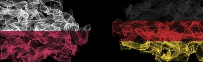 Flags of Poland and Germany on Black background, Poland vs Germany Smoke Flags