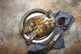 Two raw fishes dorado stuffed with vegetables and seasonings ready to be cooked laying on rustic