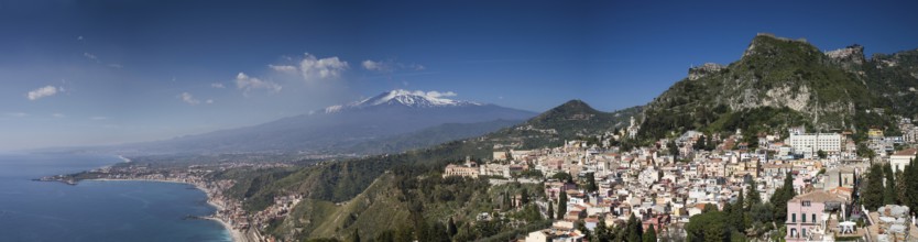 Panorama of the volcano Etna and Taormina, Sicily, Italy, Europe