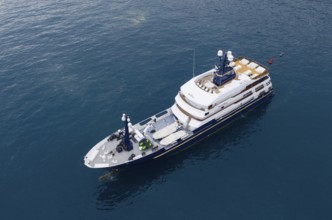Aerial view 63 metre long motor yacht FORCE BLUE from the Danish shipyard Royal Denship, owned by
