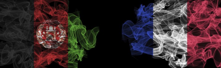 Flags of Afghanistan and France on black background, Afghanistan vs France smoke flags