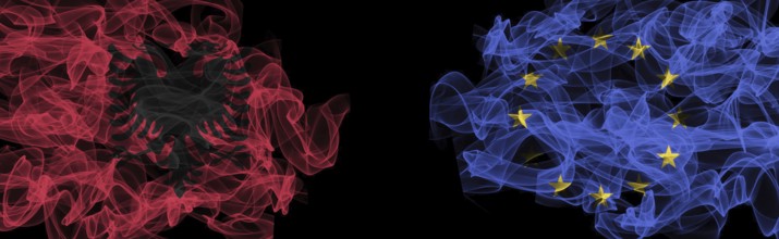 Flags of Albania and EU on black background, Albania vs. European Union smoke flags
