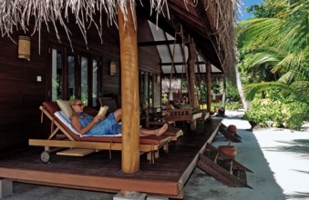 Terrace of beach bungalow, Maldives, Indian Ocean, Medhufushi, Meemu Atoll, Asia