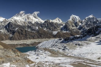View from Renjo La, the mountain pass in Khumbu, the Everest Region, photographed on a clear, blue