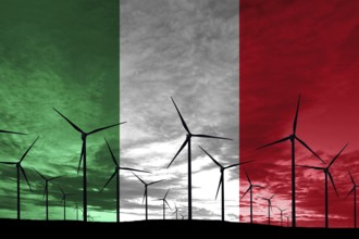 Italy flag wind farm at sunset, sustainable development, renewable energy Wind Turbines