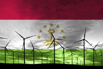 Tajikistan flag wind farm at sunset, sustainable development, renewable energy Wind Turbines