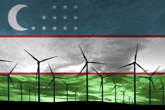 Uzbekistan flag wind farm at sunset, sustainable development, renewable energy Wind Turbines