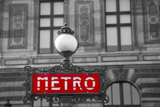 Red metro sign with black and white background, Paris, France Paris, France, Europe