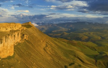 Aerial view of plateau Bermamyt and hills at sunset, North Caucasus mountains, Russia, Europe