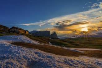 Panoramic view of Mount Sciliar from Alpe di Siusi in the Dolomites in South Tyrol, Italy, Europe