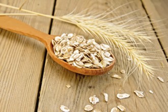 Rye flakes in wooden spoon, rye stalks on a wooden boards background