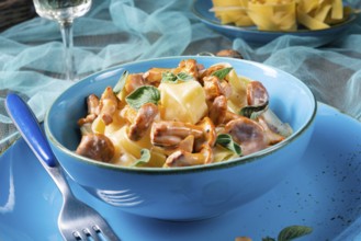 Pappardelle with cheese sauce and fresh chanterelles