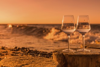 Wine on the baltic sea beach at sunset
