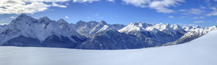 Motta Naluns ski area, view of the Lower Engadine towards the Upper Engadine, Scuol, Engadine,