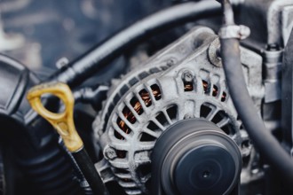 Close-up of an engine alternator with visible metal structure and pipes