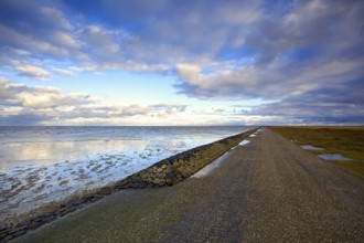 Road by North sea close to Moddergat in Netherlands