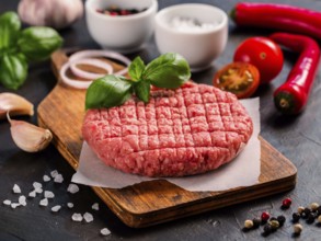 Close up view of two raw meat steak cutlets for burger with vegetables, spices and fresh basil.