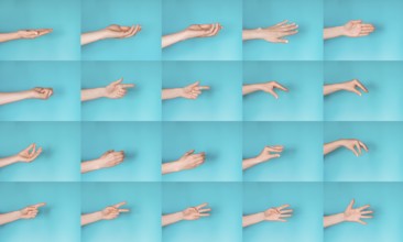 Set of female hands gesturing on blue studio background. Hello, have-five and other symbols of