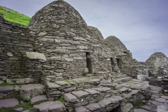 Clochans, stone cells. monastery at the top, Skellig Michael island, Mainistir Fhionáin (St.