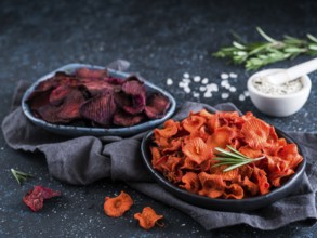 Baked beet and carrot slices with coarse sea salt scented rosemary. Vegan diet food idea and recipe