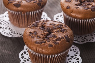 Chocolate muffins with chocolate chips on the wood background closeup