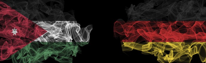 Flags of Jordan and Germany on Black background, Jordan vs Germany Smoke Flags