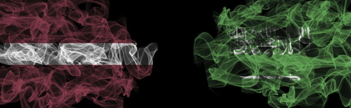 Flags of Latvia and Saudi Arabia on Black background, Latvia vs Saudi Arabia Smoke Flags