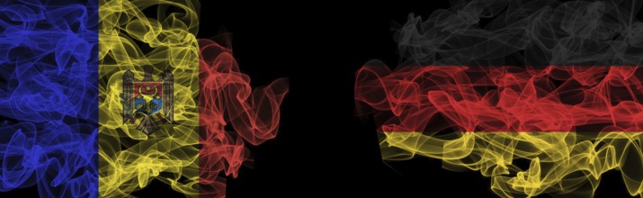 Flags of Moldova and Germany on Black background, Moldova vs Germany Smoke Flags