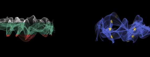 Flags of Bulgaria and EU on Black background, Bulgaria vs Europe Union Smoke Flags