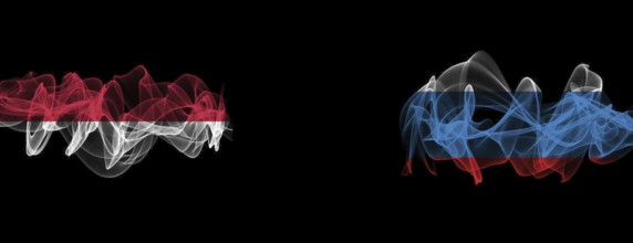 Flags of Indonesia and Russia on Black background, Indonesia vs Russia Smoke Flags