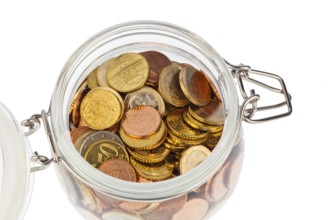 A jar with coins of the European currency, the euro. Provision, saving and security for your