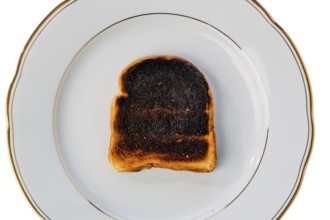 Toast was burnt during toasting. Burnt slices of toast at breakfast. Austria