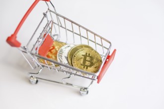 Photo of Shopping trolley cart with Coins bitcoin, buying goods for crypto currency