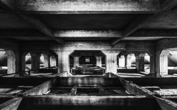 Belgium, 12 03 2018: Concrete symmetric structure of the hughe suspended ceiling of the Saint