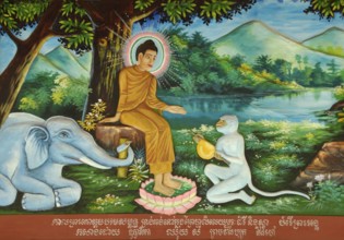Buddha Mural at Wat Preah Prom Rath, Siem Reap, Cambodia, Asia