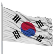 South Korea Flag on Flagpole, Flying in the Wind, Isolated on White Background