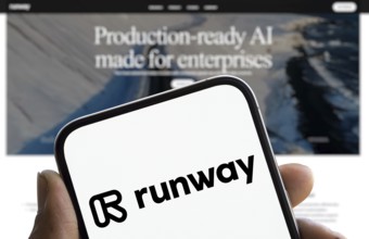 runway logo is displayed on smartphone. Runway AI Inc is an American company